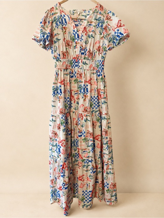 crown & ivy Dresses & Skirts - crown & ivy Cream Maxi Dress with Blue and Red Tropical Print
